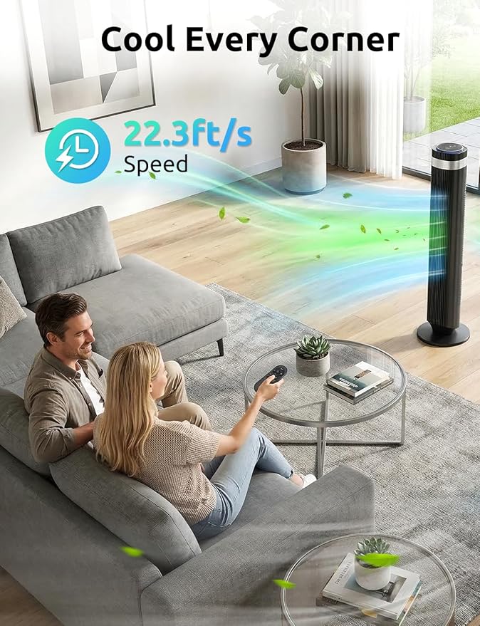 Tower Fan for Bedroom, Oscillating Bladeless Fan with Remote, 5 Speeds 4 Modes Quiet Fan 28dB, 22.3ft/s High Velocity,12H Timer, LED Display Cooling Fan Floor Standing Fan for Home Office, Dorm,Black