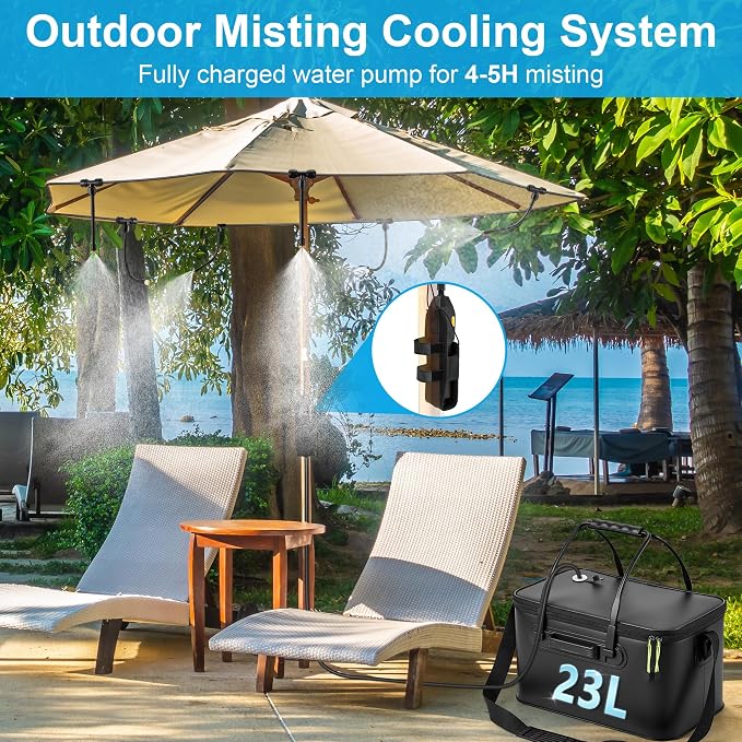 6 Gallon Portable Misting System, 30FT Cooling Misters with Water Mister Pump Foldable Bucket 8 Mist Nozzles for Outdoor Patios, Golf Carts, Greenhouses, Canopy, Camping, Hiking(Black)