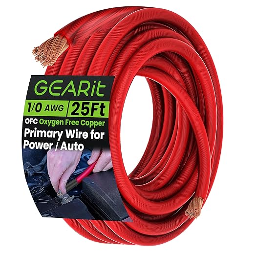GEARit 0 Gauge Wire OFC 25 ft Red, 1/0 OFC Wire Battery Cable, Oxygen-Free Copper Power Wire for Car Audio Amp, RV, Marine, Inverter