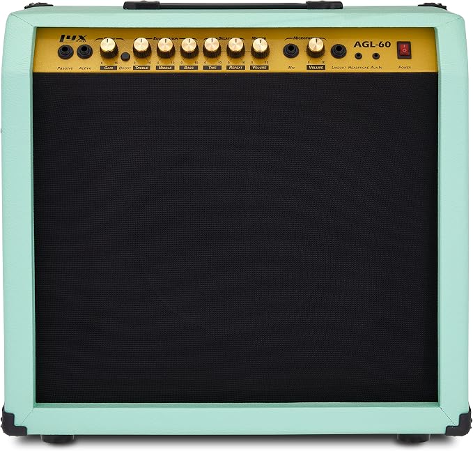 LyxPro 60 Watt Electric Guitar Amplifier | Combo Solid State Studio & Stage Amp with 10” 4-Ohm Speaker, Custom EQ Controls, Drive, Delay, ¼” Passive/Active/Mic Inputs, Aux In & Headphone Jack - Green