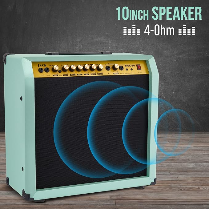 LyxPro 60 Watt Electric Guitar Amplifier | Combo Solid State Studio & Stage Amp with 10” 4-Ohm Speaker, Custom EQ Controls, Drive, Delay, ¼” Passive/Active/Mic Inputs, Aux In & Headphone Jack - Green