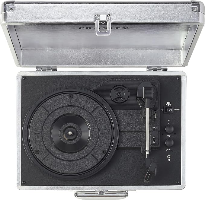 Crosley CR8005F-SI Cruiser Plus Vintage 3-Speed Bluetooth in/Out Suitcase Vinyl Record Player Turntable with Built-in Speakers, Silver