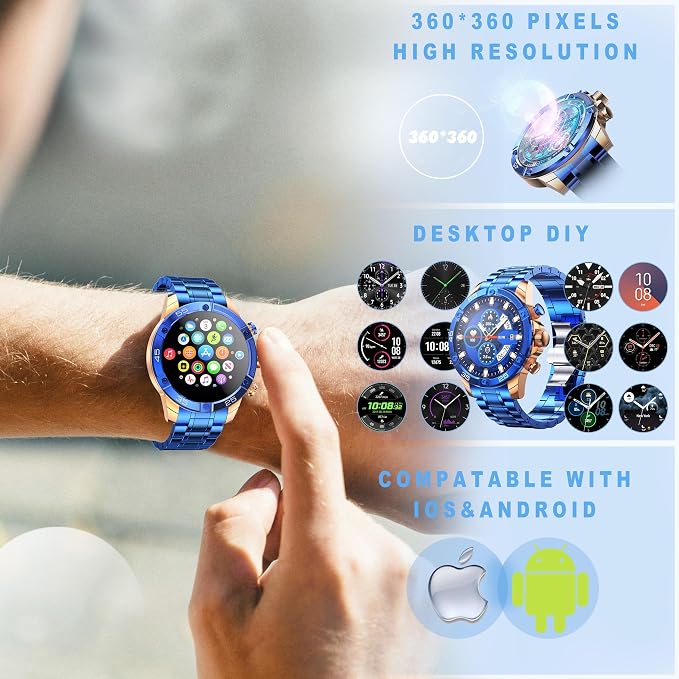 Men's Smart Watch Round HD 1.53" Gold Blue Smart Watches for Men, Multiple Sports Modes, Bluetooth Voice Call. Available for iOS and Android (Blue Steel)