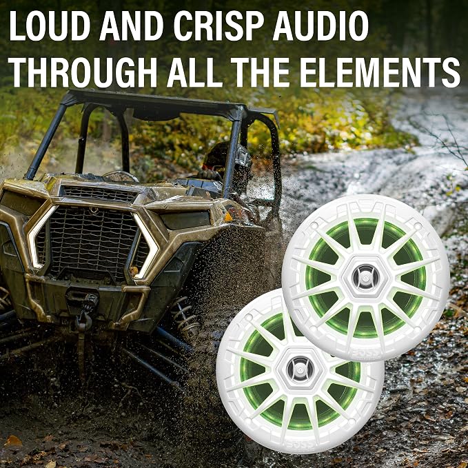 BOSS Audio Systems MRGB55W 5.25 Inch Marine Speakers - Weatherproof, 150 Watts Per Pair, 75 Watts Each, Multi-Color Illumination, Full Range, 2 Way, Sold in Pairs