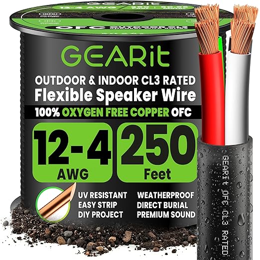 GEARit Speaker Wire 12 Gauge 250 ft,UL CL3 Rated Speaker Cable 12 AWG Copper Wire with Polarity Mark,Audio Cable for in-Wall,Home,Car,Outdoor,Garden,Commercial Audio Systems,OFC(Black,4-Conductors)