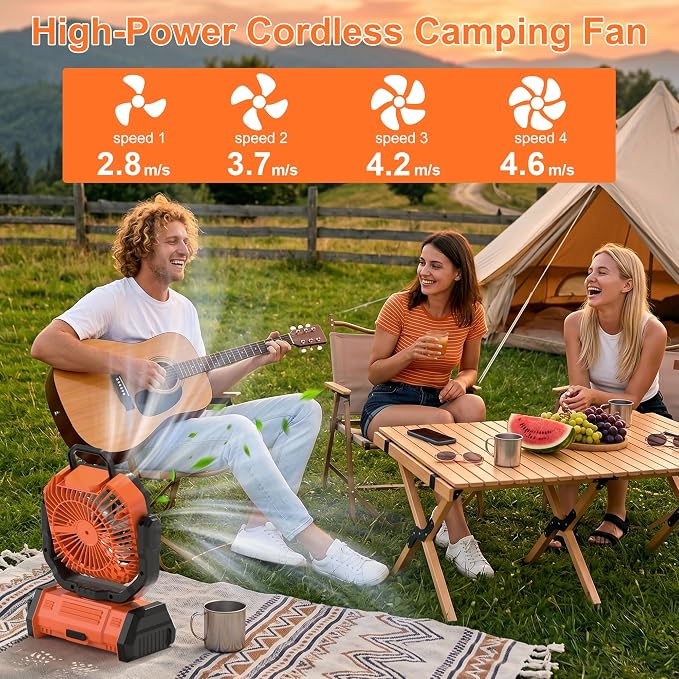 Portable Rechargeable Fan 20000mAh,Cordless Battery Powered Camping Fan with LED Light& Remote,4 Speeds Wind,USB, Timer,Oscillating for Travel Tent,Rv Camping Essentials (Orange)