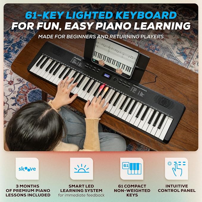 Alesis Teacher's Choice 61 Portable Keyboard Piano for Beginners with 61 Light Up Keys, 300 Sounds, Speakers, Tablet Stand and Skoove Music Lessons