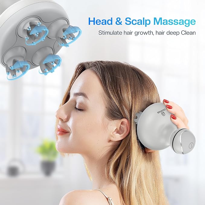 COMFIER Wireless Hand Massager with Heat -3 Levels Compression & Heating, Electric Scalp Massager, Head Massager with 4 Soft Silicone Massage Heads, Portable Hair Massager for Hair Growth