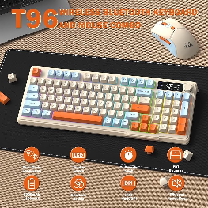 FREEWOLF T96 Smart Display Wireless Gaming Keyboard and Mouse Comb, 94Key LED Lighting Rechargeable Silent Membrane Keyboard with Knobs, 2000mAh Battery, 6-Button 4KDPI Mouse for Win/Mac(Blueberry)