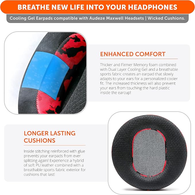 WC Freeze Maxwell - Cooling Gel Replacement Earpads for Audeze Maxwell Headphones by Wicked Cushions - Elevate Comfort, Durability, Thickness & Sound Isolation for Epic Gaming Sessions | Red Camo