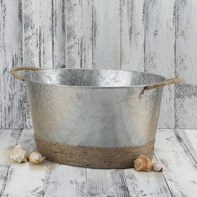 Twine Seaside Jute Rope Wrapped Farmhouse Galvanized Ice Metal Beverage Tub, Wine, Beer Bottle Bucket, 4.5 Gallons