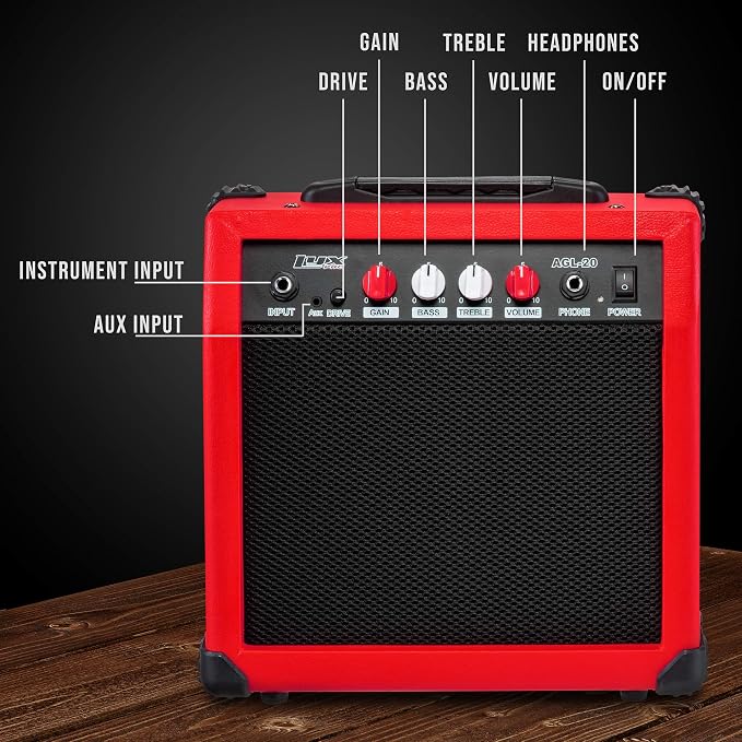 LyxPro Electric Guitar Amp 20 Watt Amplifier Built in Speaker Headphone Jack and Aux Input Includes Gain Bass Treble Volume and Grind - Red