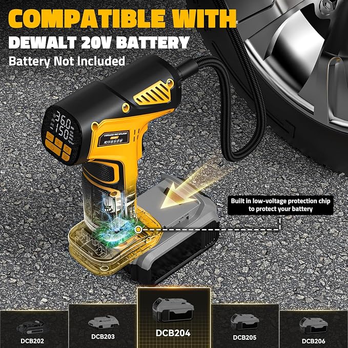 DIYtoolifz 150PSI Tire Inflator Portable Air Compressor: Cordless Air Pump Compatible with Dewalt 20V Battery - Car Tire Pump with Digital Pressure Gauge & LED Light for Auto, Motorcycles (Tool Only)