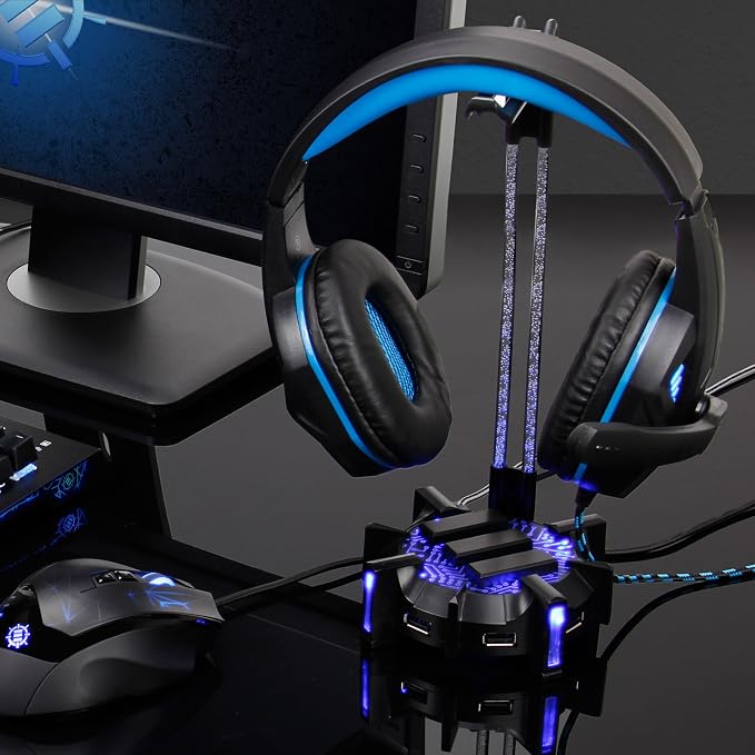 ENHANCE Gaming Headphone Stand Headset Holder with 4 Port USB Hub, Customizable LED Lighting, Flexible Acrylic Neck - Universal Hanger with Weighted Base for Wired or Wireless Headsets - PS4, Xbox, PC