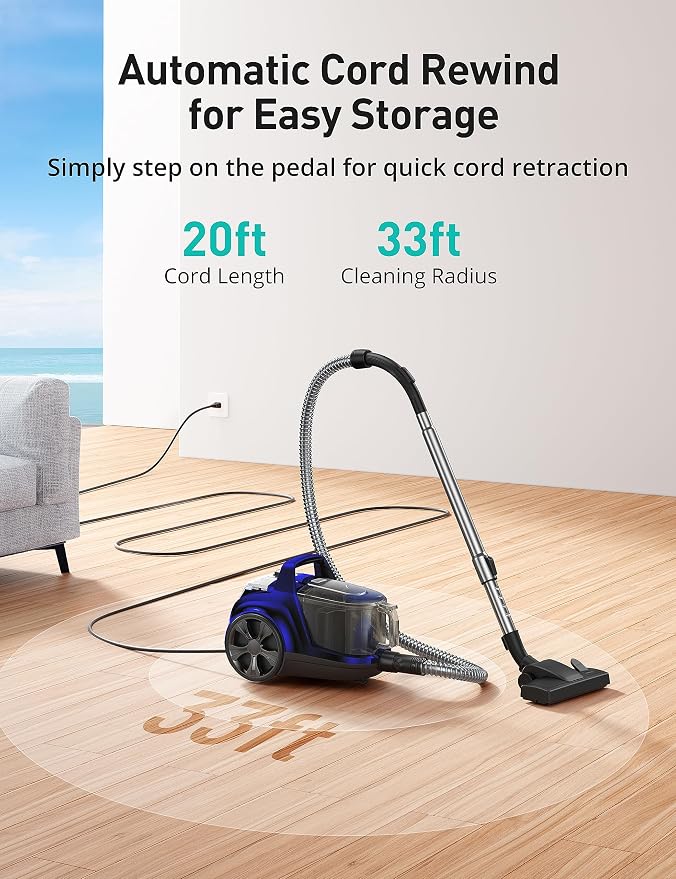 Aspiron 40Kpa Canister Vacuum Cleaner, 1600W Bagless Canister Vacuum Cleaner with 5 Tools, Auto Cord Rewind, H13 HEPA Filter, 4Qt Large Cup, for Hard Floors, Carpet, Pet, Upholstery, Tiles, Sapphire