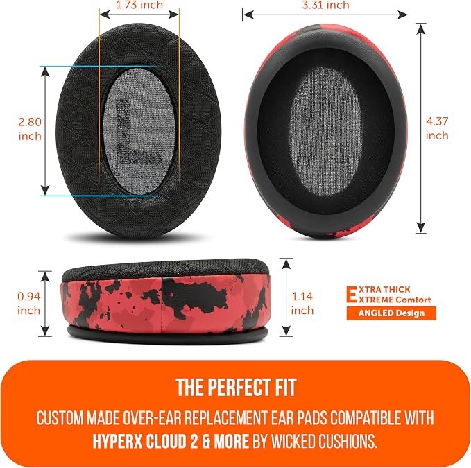 WC Freeze V2 Cloud - Angled Cooling Gel Earpads Compatible with HyperX Cloud Series by Wicked Cushions | Angled Pads for Extreme Comfort, New Freeze V2 Cooling Fabric, Extra Thick | Red Camo