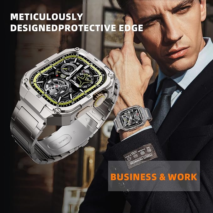 Mechanical Metal Watch Case with Band Compatible with Apple Watch Series 11/10 46mm Band,Rugged Military Stainless Steel Protective Bumper Cover,Tough Business iwatch Band Strap for Men,Titanium