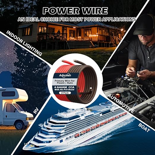 4 Gauge AWG Power/Ground Wire Cable 15 Ft Black+15 Ft Red, High Power Shielded CCA Soft Automotive Welding Battery Wiring Kit,for Car Audio Amp Speaker RV Trailer Marine Solar+ Lugs&Heat Shrink Tubes