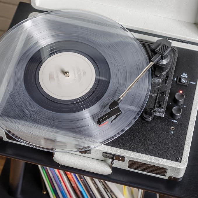 Crosley CR8005DP-WF Cruiser Plus Vintage 3-Speed Bluetooth in/Out Suitcase Vinyl Record Player Turntable, White Farmhouse