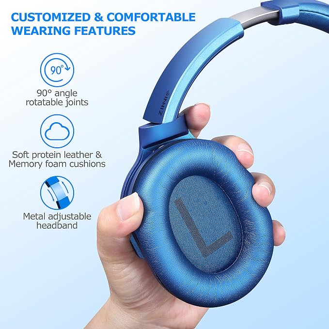 ZIHNIC Active Noise Cancelling Headphones, 40H Playtime Wireless Bluetooth Headset with Deep Bass Hi-Fi Stereo Sound,Over-Ear Headphone,Comfortable Earpads for Travel/Home/Office (Blue)