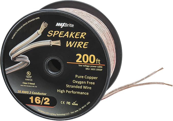 200 ft. Spool High Performance 16 Gauge Speaker Wire, Oxygen Free Pure Copper - UL Listed Class 2