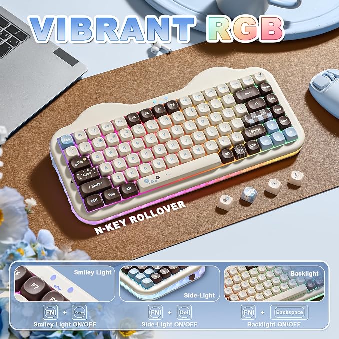 YUNZII C75 Wireless Mechanical Keyboard,75% Layout, Hot-Swappable NKRO,BT5.0/2.4G/USB-C Mode,Dye-Sub PBT MOA Keycaps,RGB Gasket Mount,Cute Cake Design for Mac/Win/Gaming (Choco, Candy Switch)
