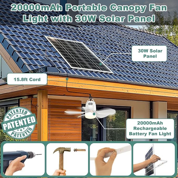 Gliztech Solar Ceiling Fan Light, 20000mAh Portable Gazebo fan with 30W Solar Powered Fan with Remote Control, Outdoor Ceiling Fan with Light for Patios, Canopy, Shed, RV, Porch and Chicken Coop