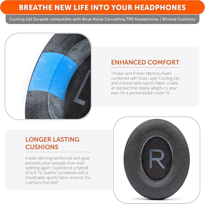 WC Freeze NC700 - Cooling Gel Ear Pads for Bose Noise Canceling 700 Headphones | Breathable Sports Fabric, Cooling Gel, Extra Thick & Cooler for Longer | Black Camo