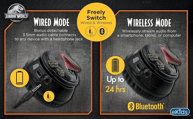 Jurassic World Bluetooth Headphones for Kids, Volume Reduced Wireless Headphones for School Home or Travel (Jurassic World)