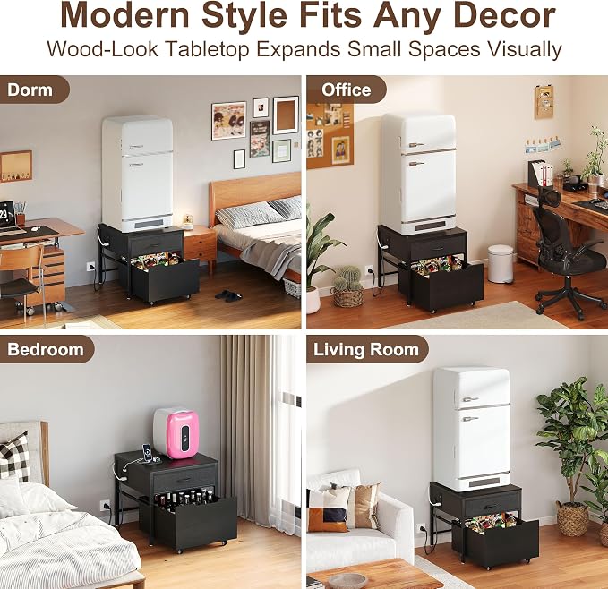 Mini Fridge Stand Cabinet Table Station With Storage Drawers For Dorm Refrigerator To Sit On, Heavy Duty Small Cart With Wheels, Black Office Beverage Shelf and Power Outlet, Sturdy Bedroom Nightstand