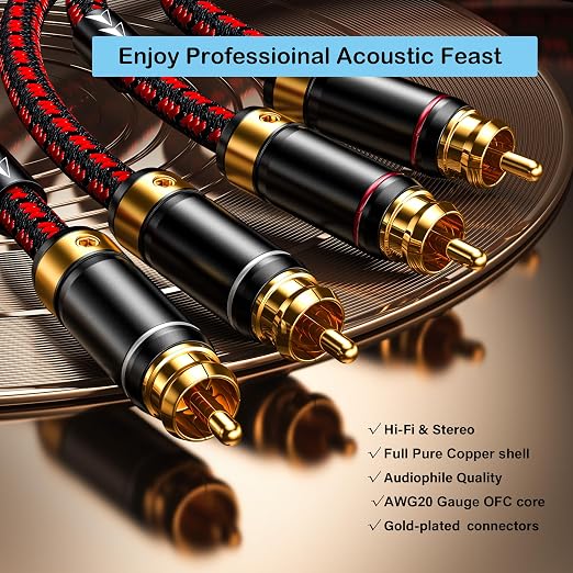 Auidophile 2RCA Male to 2RCA Male Stereo Subwoofer Audio Cable,Hi Fi, 3U Gold Plated | 4N Oxgen-Free Copper Core (1.6 Feet (0.5M))