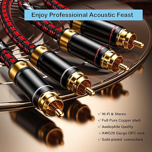 Auidophile 2RCA Male to 2RCA Male Stereo Audio Cable,Gold Plated | 4N Oxgen-Free Copper Core (2.5 Feet (0.75M))