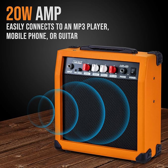 LyxPro Electric Guitar Amp 20 Watt Amplifier Built in Speaker Headphone Jack and Aux Input Includes Gain Bass Treble Volume and Grind - Sunburst