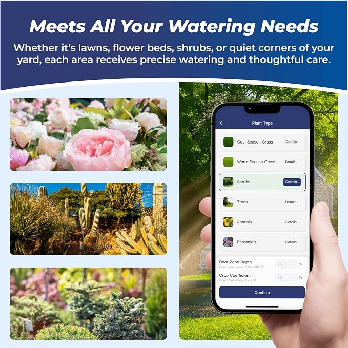 Outdoor Smart Sprinkler Controller 8 Zone, WiFi Automatic Irrigation Timer, Easy-Use App, Flexible Programs, Save Water via Rain, Wind&Freeze Skip, Quick Install, with Alexa