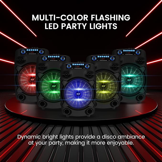 Pyle Portable Bluetooth PA Speaker System - 800W 12” Outdoor Bluetooth Speaker Portable PA System - Party Lights, USB SD Card Reader, FM Radio, Rolling Wheels - Wired microphone, Remote - PPHP127B
