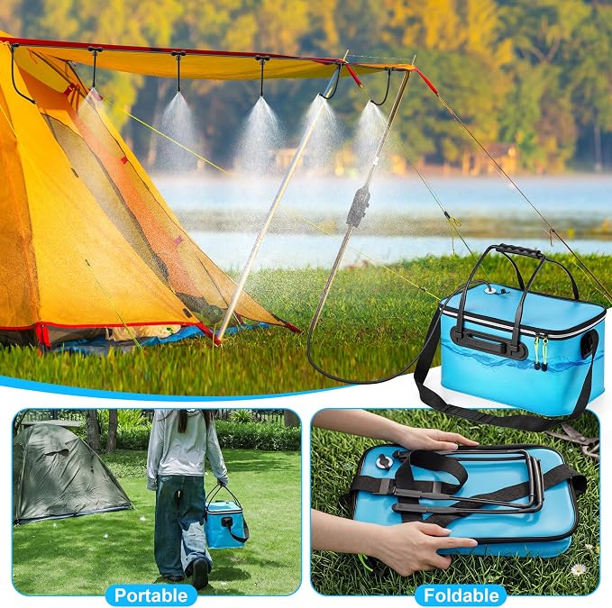 6 Gallon Portable Misting System, 30FT Cooling Misters with Water Mister Pump Foldable Bucket 8 Mist Nozzles for Outdoor Patios, Golf Carts, Greenhouses, Canopy, Camping, Hiking(Blue)