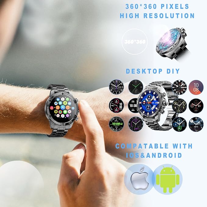 Men's Smart Watch Round HD 1.53" Gold Blue Smart Watches for Men, Multiple Sports Modes, Bluetooth Voice Call. Available for iOS and Android (Black Steel)