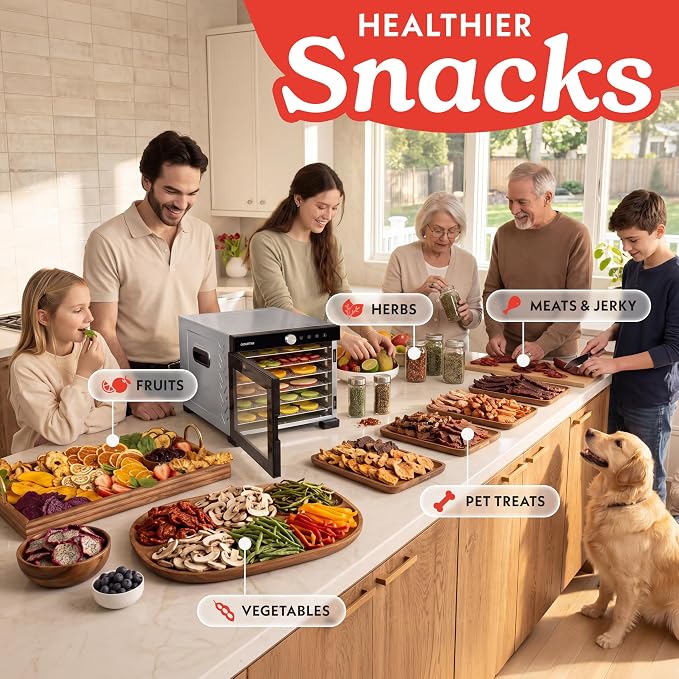 Gourmia Digital Food Dehydrator – 6 Stainless Steel Trays, 360° Airflow, One-Touch Presets, Adjustable Temp 95–165°F, Timer, Glass Door, Quiet Operation, 600W – Healthy Snacks, Jerky, Fruits & More