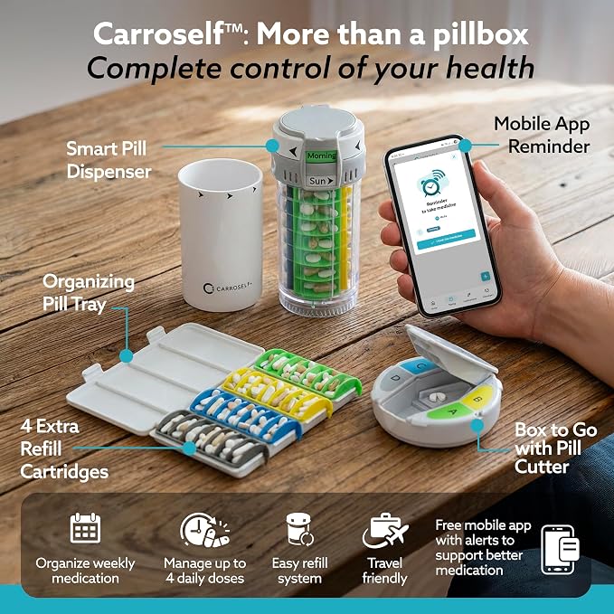 Pill Dispenser with App Reminder – Full Set Easy-to-Use Vitamin Dispenser with 4 Daily Doses, Large Medication Bottle Organizer with to-Go Box, Pill Cutter & 4 Extra Cartridges | No Batteries Needed