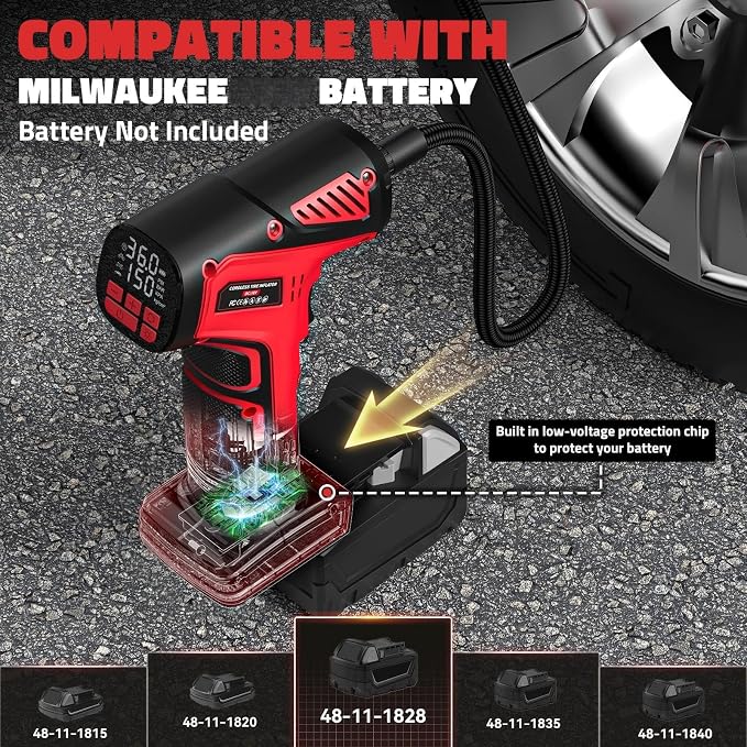 DIYtoolifz 150PSI Tire Inflator Portable Air Compressor: Cordless Air Pump Compatible with Milwaukee 18V Battery - Car Tire Pump with LCD Display & LED Light for Auto, Motorcycles (Tool Only)