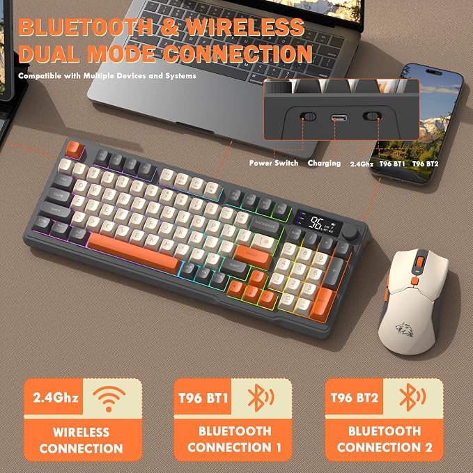 ZIYOU LANG T96 Wireless Gaming Keyboard and Mouse Combo,Dual Bluetooth//2.4G RGB Backlit Mechanical Feeling Keyboard with Smart Display & Knob,4000 DPI Gaming Mouse for PC Laptop Mac Wins-Shimmer