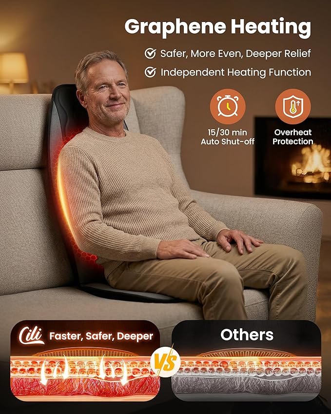 CILI Vibration Massage Chair Pad, Quiet Back Massager for Office Chair, Sofa & Recliner, Independent Graphene Heat & Massage Control, 15-30 Min Timer for Back Pain Relief (Vibration Only)