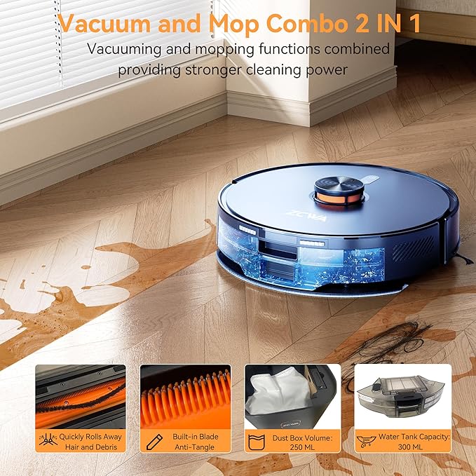 ZCWA Robot Vacuum and Mop Combo, 10000Pa Max Suction, Robotic Vacuum with LiDAR Navigation Smart Mapping, 90 Day Self-Emptying, 160 Min Runtime, 3.5L Dust Bin, Ideal for Hard Floor