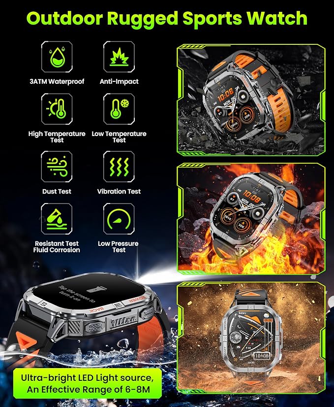 Military Smart Watch for Men Built-in GPS with LED Flashlight Compass, 2.13" AMOLED Tactical Smart Watches with Answer/Make Calls, 3ATM Waterproof Fitness Tracker for iPhone Android (Black)