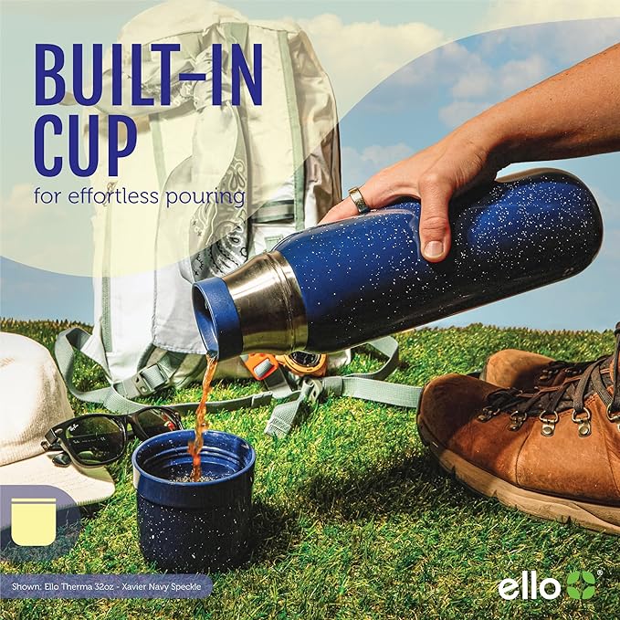 Ello Therma 32oz Insulated Stainless Steel Thermos for Hot & Cold Beverages with Leak Proof Lid & Built-in Cup, Triple Wall Insulation, Hot 24 Hrs, Perfect for Coffee,Tea, Dishwasher Safe, Black