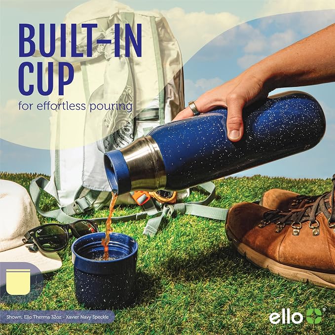Ello Therma 32oz Insulated Stainless Steel Thermos for Hot & Cold Beverages with Leak Proof Lid & Built-in Cup, Triple Wall Insulation, Hot 24 Hrs, Perfect for Coffee,Tea, Dishwasher Safe, Blue