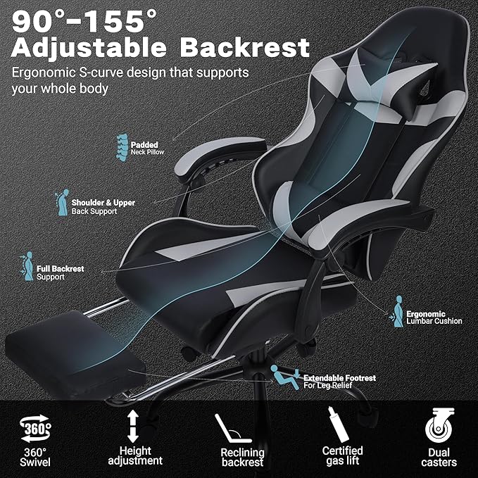 Gaming Chair, Ergonomic Computer Chair with Footrest and Lumbar Support, Height Adjustable Office Chair with 360° Swivel Seat and Headrest (Black & Grey)
