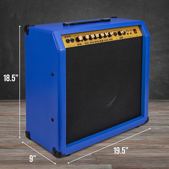 LyxPro 60 Watt Electric Guitar Amplifier | Combo Solid State Studio & Stage Amp with 10” 4-Ohm Speaker, Custom EQ Controls, Drive, Delay, ¼” Passive/Active/Mic Inputs, Aux in & Headphone Jack - Blue