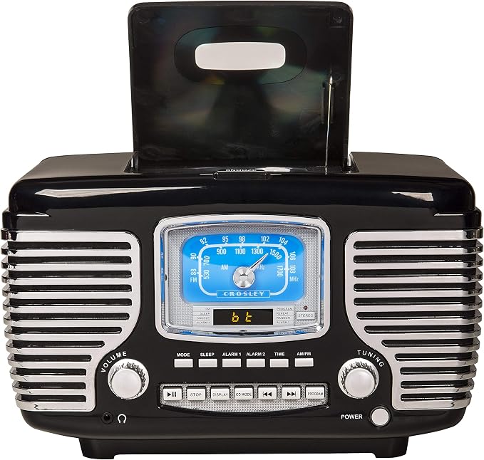 Crosley CR612B-BK Corsair Retro AM/FM Alarm Clock Radio and CD Player with Stereo Bluetooth Speakers, Black