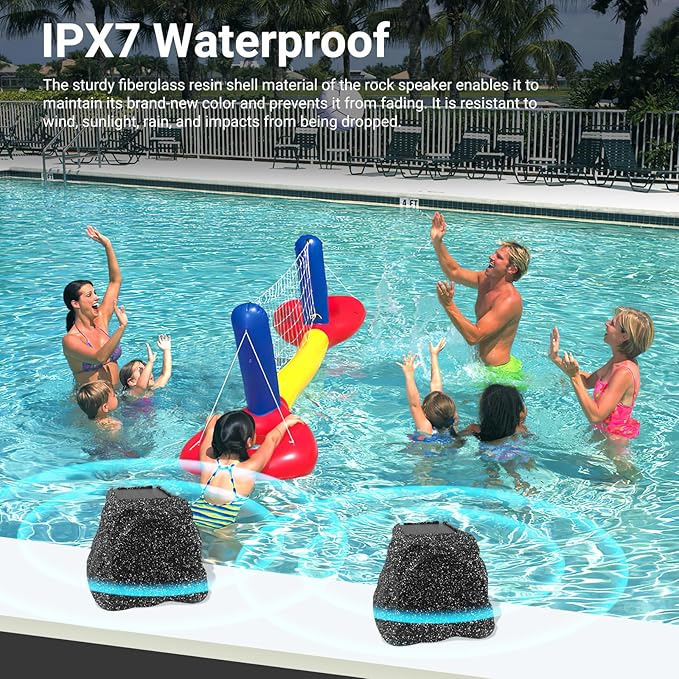 Herdio 8" Rock Bluetooth Speakers Outdoor Waterproof IPX7 Wireless Solar Max 240 Watt, TWS Connection Powered with Rechargeable Battery for Garden Patio Deck Pool Backyard（Black，1Pair）